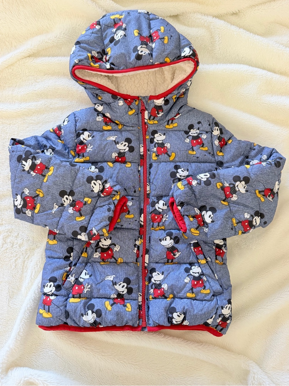 GAP Blue Mickey Mouse Puffer Jacket with Red Trim